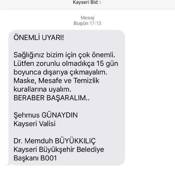 Kayseri'de vali ve belediye başkanından SMS'li 'evde kal' çağrısı
