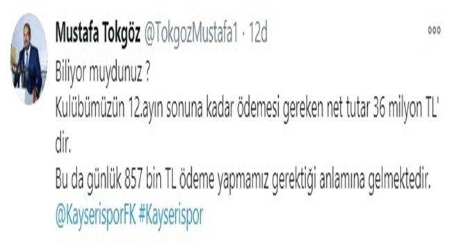 KAYSERİSPOR'UN GÜNLÜK ÖDEMESİ GEREKEN RAKAM 875 BİN TL