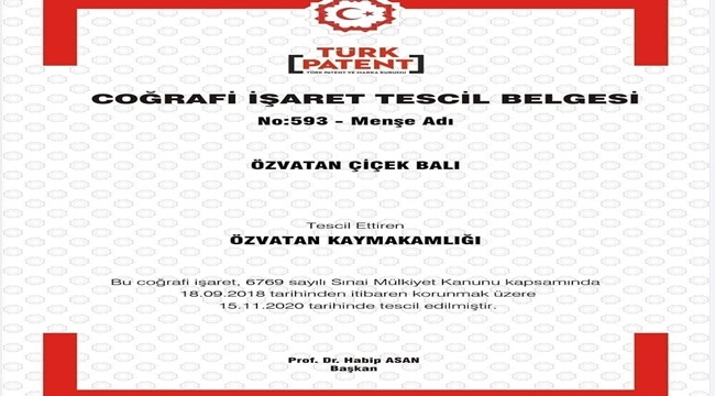 ÖZVATAN ÇİÇEK BALI TESCİL EDİLDİ