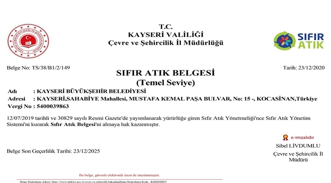 BÜYÜKŞEHİR BELEDİYESİ'NE SIFIR ATIK BELGESİ VERİLDİ