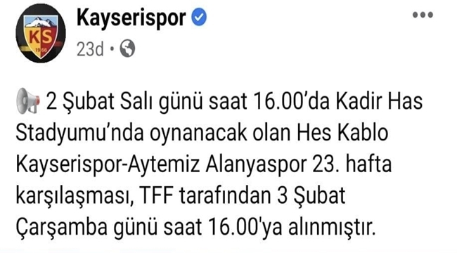 AYTEMİZ ALANYASPOR MAÇI 1 GÜN SONRA OYNANACAK