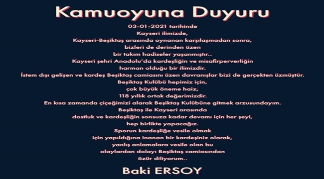 BAKİ ERSOY, BEŞİKTAŞ CAMİASI'NDAN ÖZÜR DİLEDİ