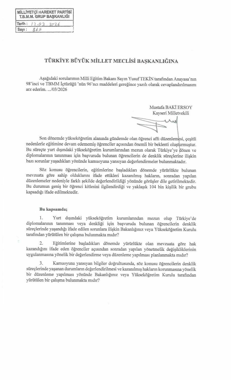 BAKİ ERSOY GENÇLERİN DENKLİK SORUNUNU MECLİS GÜNDEMİNE TAŞIDI