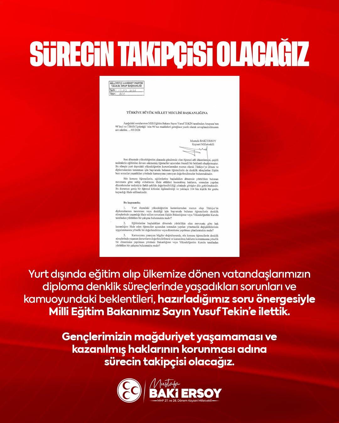 BAKİ ERSOY GENÇLERİN DENKLİK SORUNUNU MECLİS GÜNDEMİNE TAŞIDI