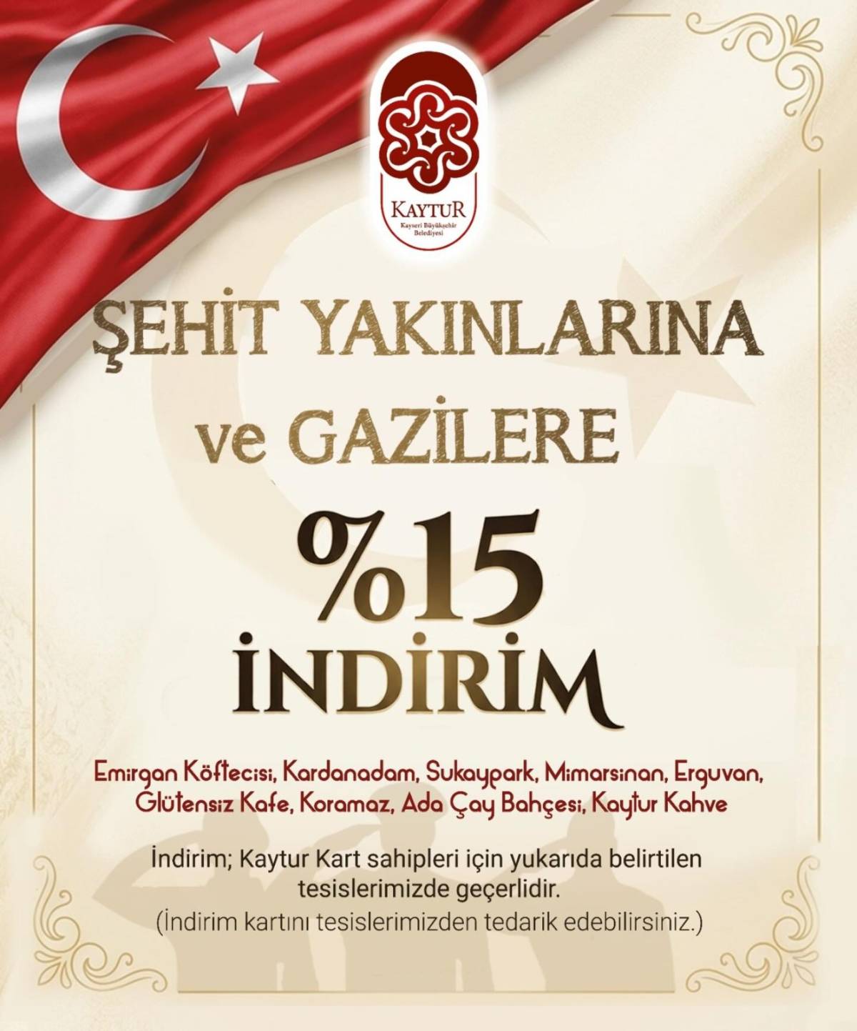 KAYSERİ BÜYÜKŞEHİR’DEN ŞEHİT YAKINLARI VE GAZİLERE ANLAMLI DESTEK: KAYTUR TESİSLERİNDE YÜZDE 15 İNDİRİM