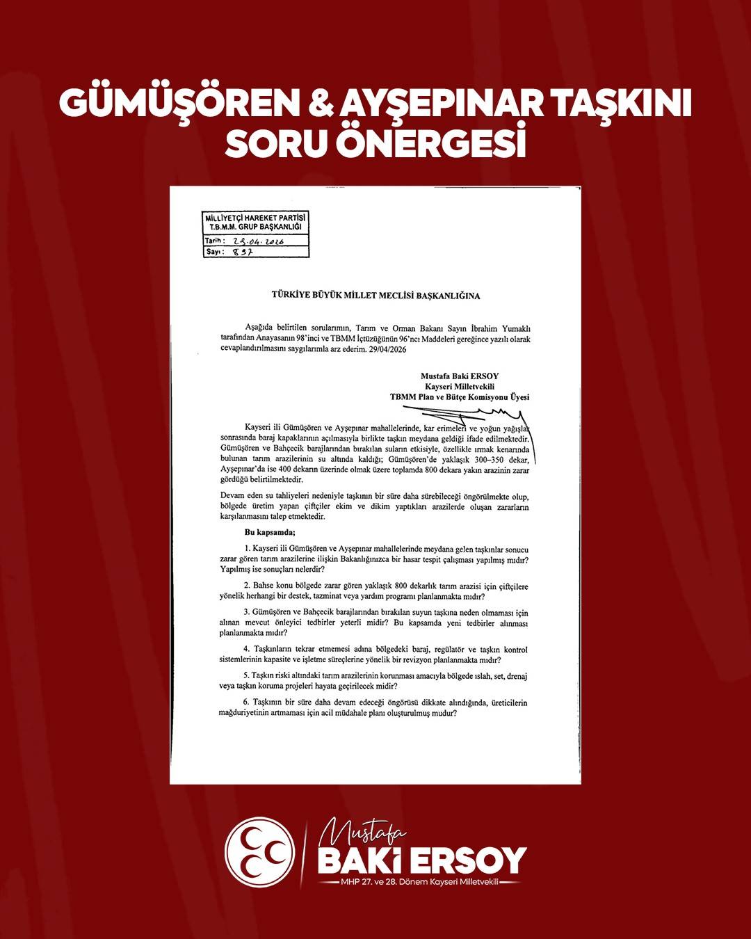 ERSOY’DAN ‘TAŞKIN SORU ÖNERGESİ’